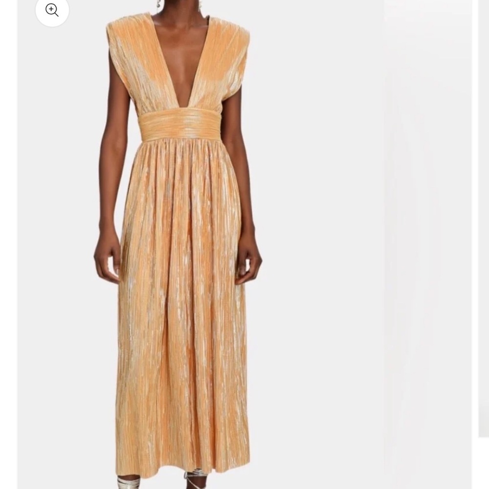 Sabina Musayev Tan Pleated Gown with Plunge Neckline